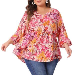 Plus Size Floral Blouses V Neck Ruffle Sleeve Babydoll Peplum Top Orange Pink